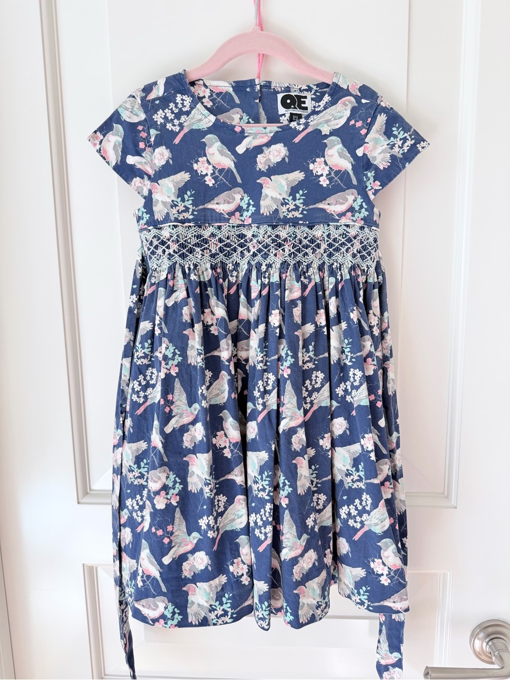 Navy Bird-Print Smocked Girls' Dress